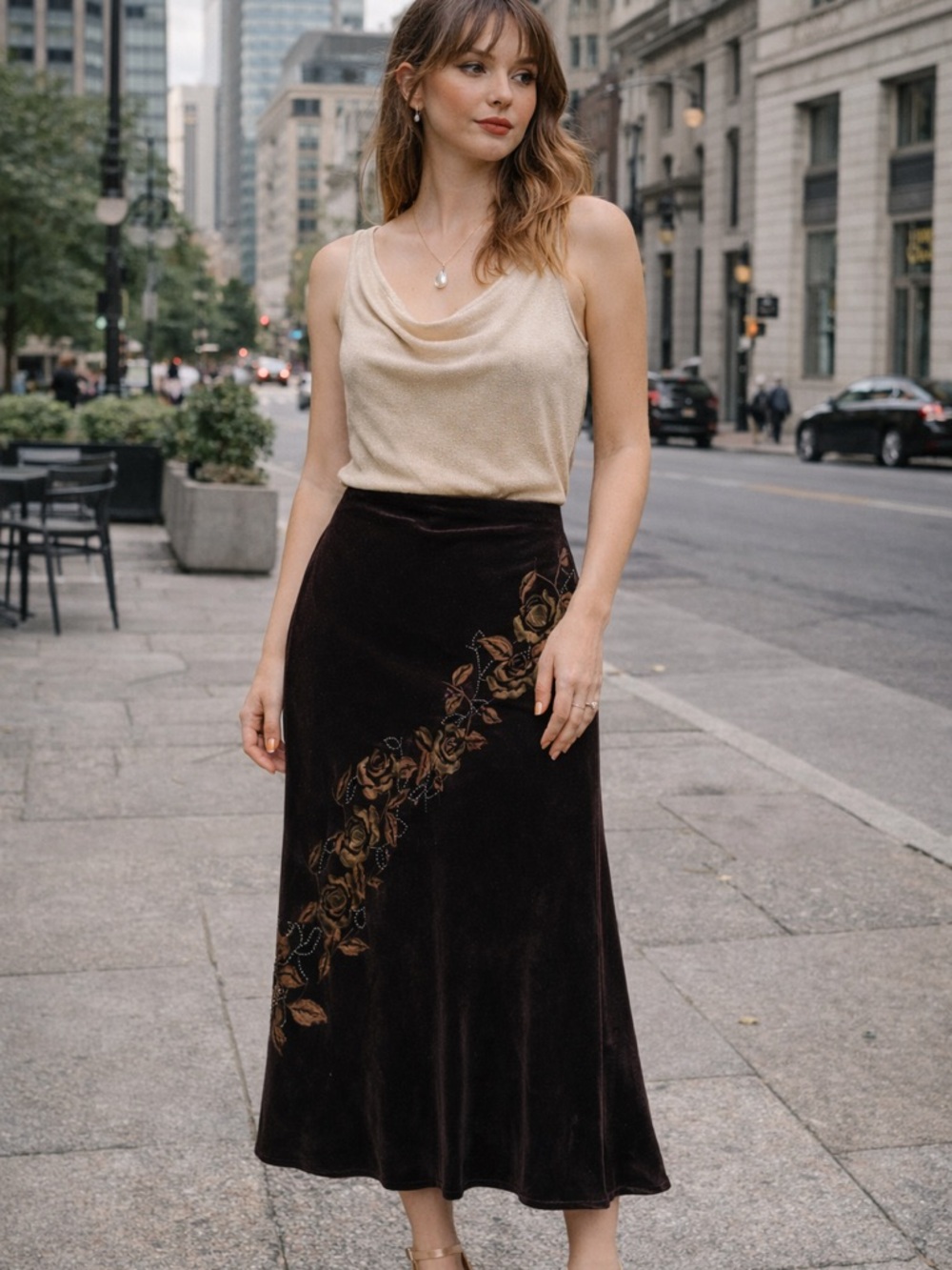 Chocolate Brown Velvet Velour Floral Beaded Midi Skirt Size 12 Fairy Y2K 90s
